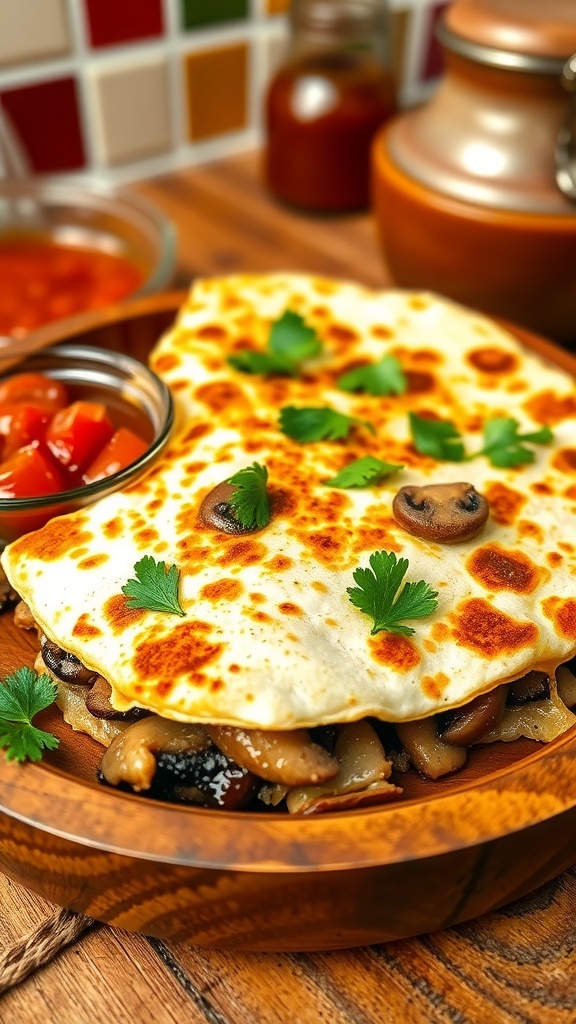 Mushroom quesadilla cut into wedges, garnished with cilantro and served with salsa.
